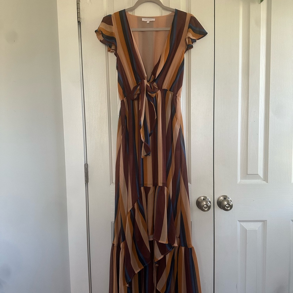 Olivaceous Striped Tie-Front Maxi Dress in Mustard, Brown & Blue